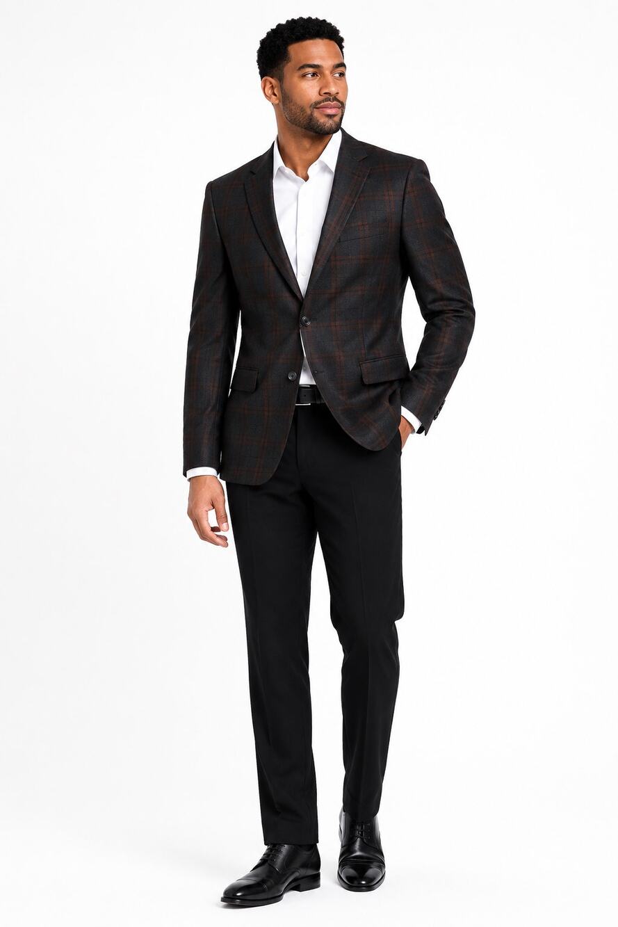 Bar III Men's Slim Fit Plaid Active Blazer Burgundy Navy 38S NWT